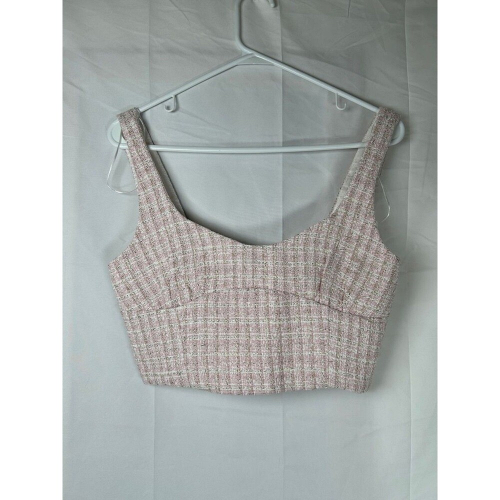Zara Pink White Tweed Crop Top Women’s Small Sleeveless Chic Zipper Wide Strap